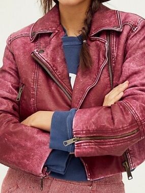 Free People Piper Vegan Leather Moto Jacket Medium Berry Cropped